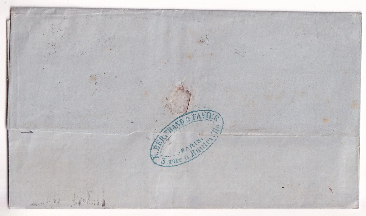 1 N°17B BANDE DE 3 PARIS BUREAU D ROMAIN POUR GUAYAQUIL EQUATEUR RARE GRIFFE PAQUEBOT A VAPEUR VOIE D'ANGLETERRE 1862