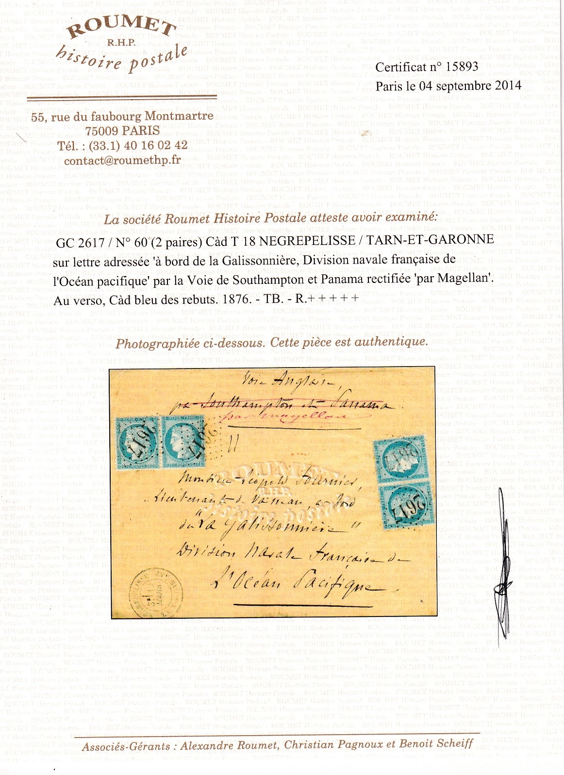 2 N°60 X4 GC 2617 NEGREPELISSE TARN ET GARONNE A BORD DE LA GALISSONNIERE POUR STATION NAVALE OCEAN PACIFIQUE VOIE ANGLAISE SOUTHAMPTON PANAMA RECTIFIE PAR MAGELLAN 1876 AU DOS REBUTS EN BLEU