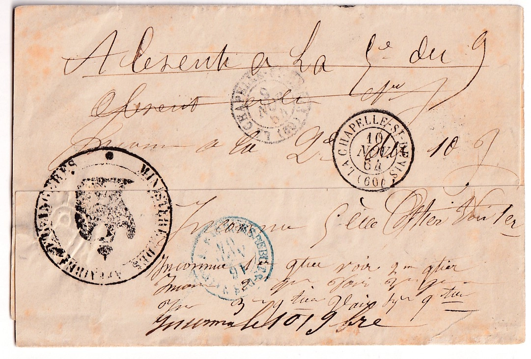 1 PARIS CACHET TAXE 15C R ST DOMque GR CAILLOUX POUR PARIS 1864 AU DOS REBUT DE PARIS EN BLEU MINISTERE DES AFFAIRES ETRANGERES