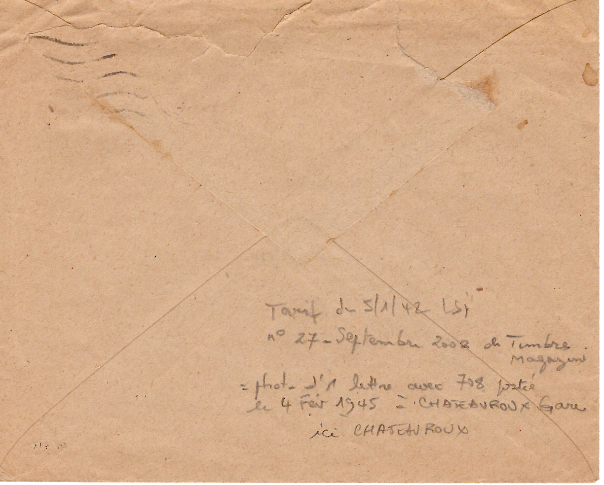 1 ARC TRIOMPHE 1FR50 N° 708 SEUL LETTRE MEC CHATEAUROUX INDRE 3.II.1945 RARE USAGE 9 JOURS AVANT