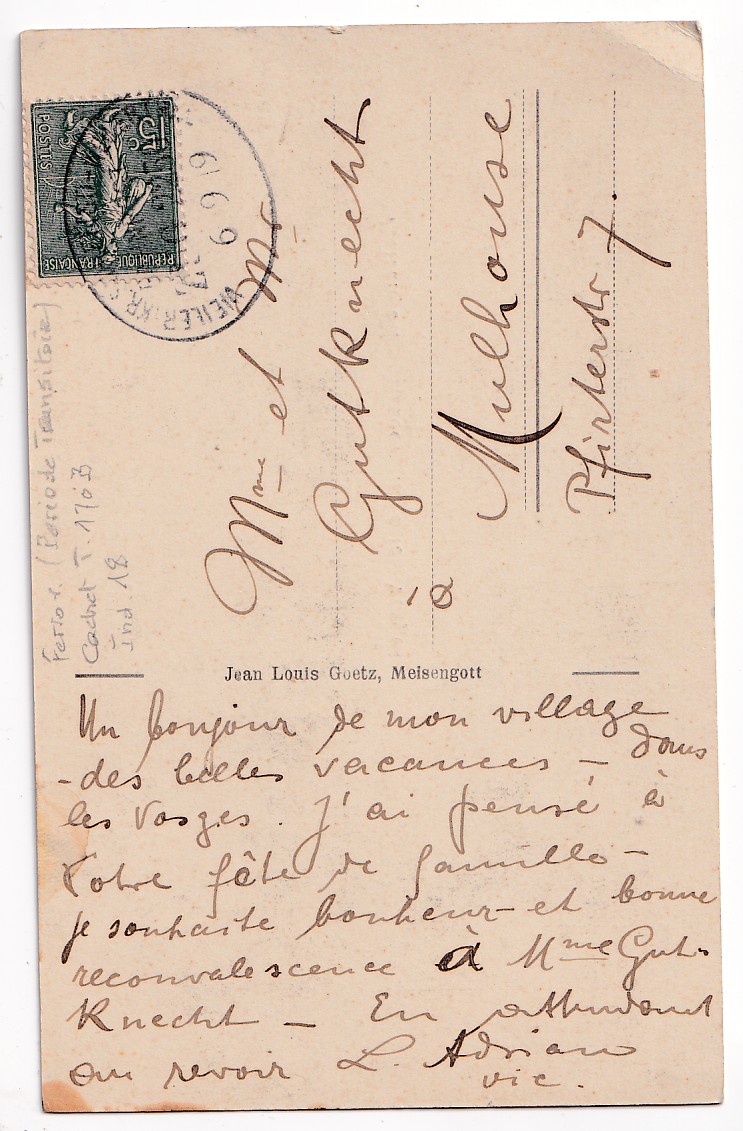 1 N°130 AMBULANT ALSACE LORRAINE 1919 POUR MULHOUSE CARTE POSTALE MEISENGOLT MAISONSGOUTTE BAS RHIN