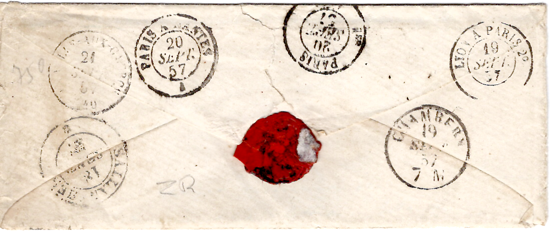 1 SARDE 40C+5C PAIRE LETTRE ST GERVAIS 18 SEPT 1857 LETTRE ECRITE THERMES