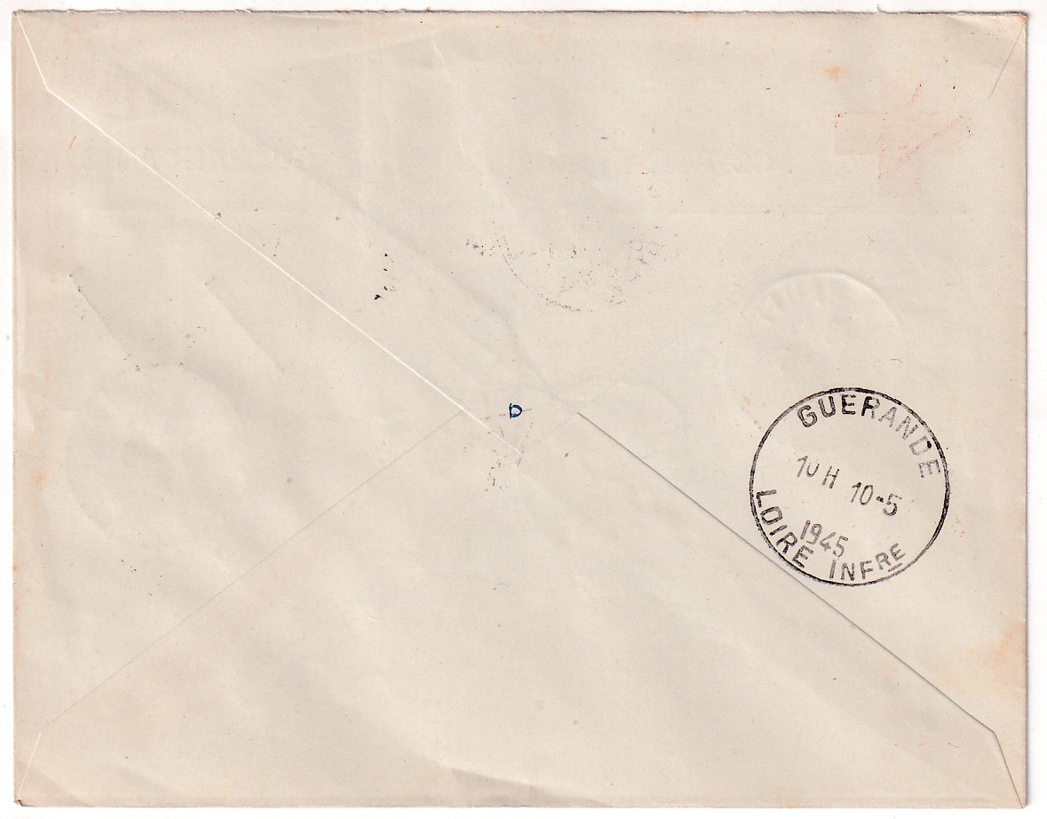 1 N°515 512 SURCHARGE LIBERATION + TAXE PERCUE LETTRE POCHE ST NAZAIRE LA BAULE LOIRE INFERIEURE 9.5.1945 COMITE CROIX ROUGE GUERANDE
