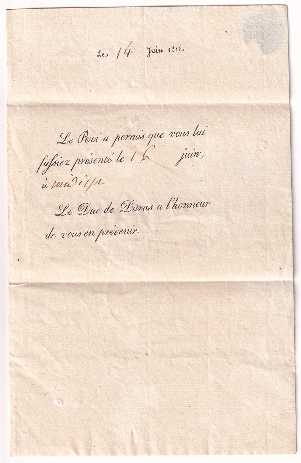 1 FRANCHISE LE PREMIER GENTILHOMME DE LA CHAMBRE DU ROI POSTES PRES LE GOUVERNEMENT 1814