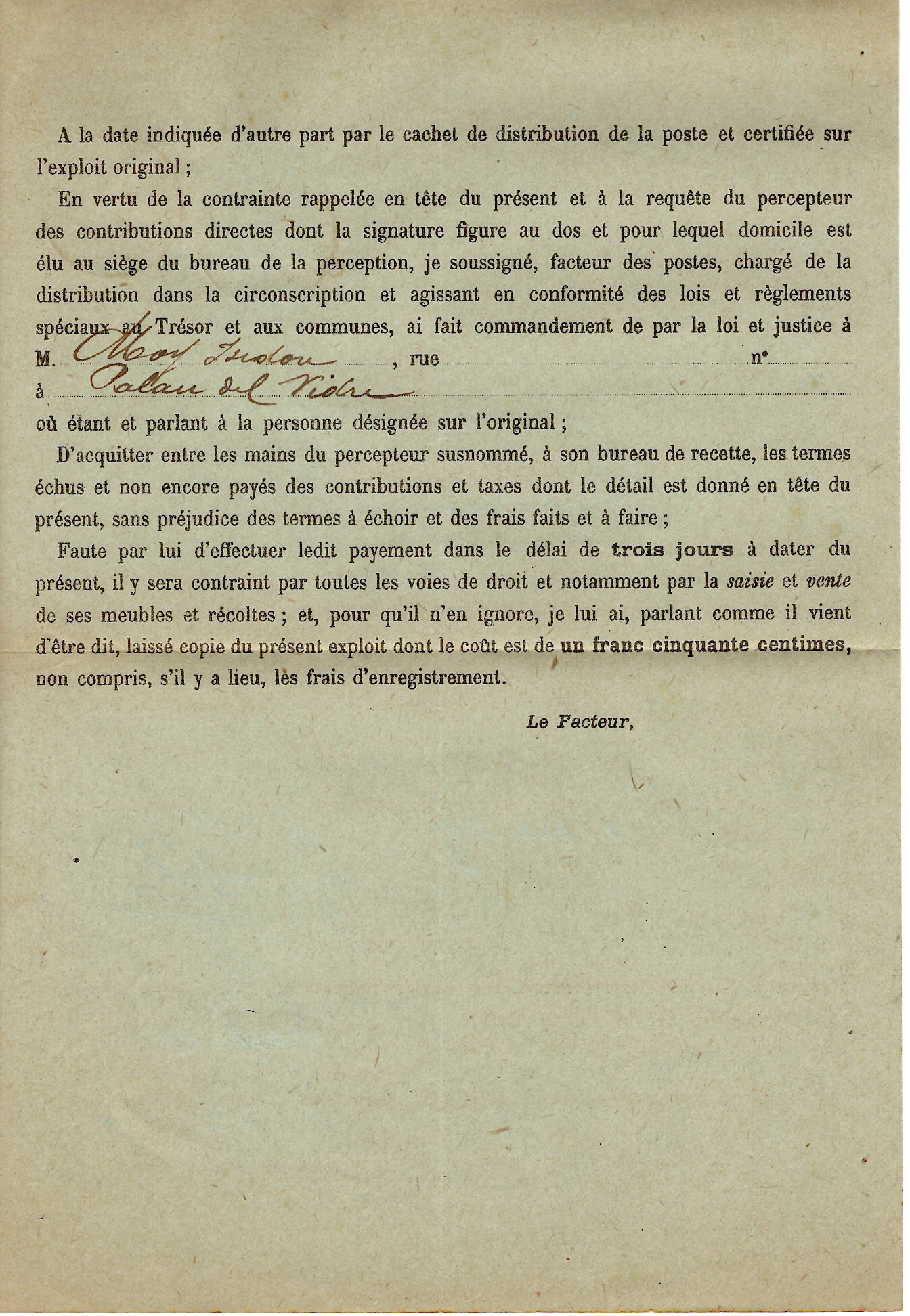 1 BLANC 1+10C SEMEUSE SUR COMMANDEMENT ARGELES PYRENEES ORles 1908 TARIF OPR 11€