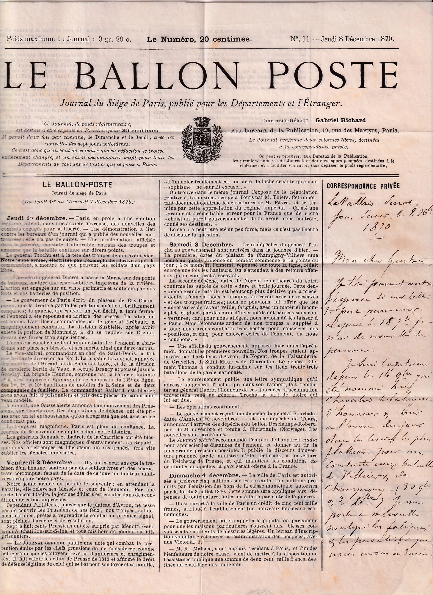 2 BALLON MONTE LE GENERAL RENAULT JOURNAL LE BALLON POSTE N°11 PARIS 9.12.1870 TEXTE LEVALLOIS PERRET POUR ST LO MANCHE ARRIVE 17.12.1870