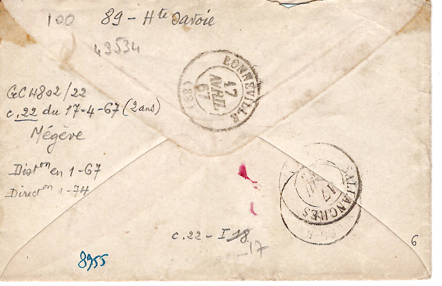 1 N° 22 GC 4802 TYPE 22 MEGEVE 17 AVRIL 1867 LETTRE POUR ST GINGOLPH HAUTE SAVOIE