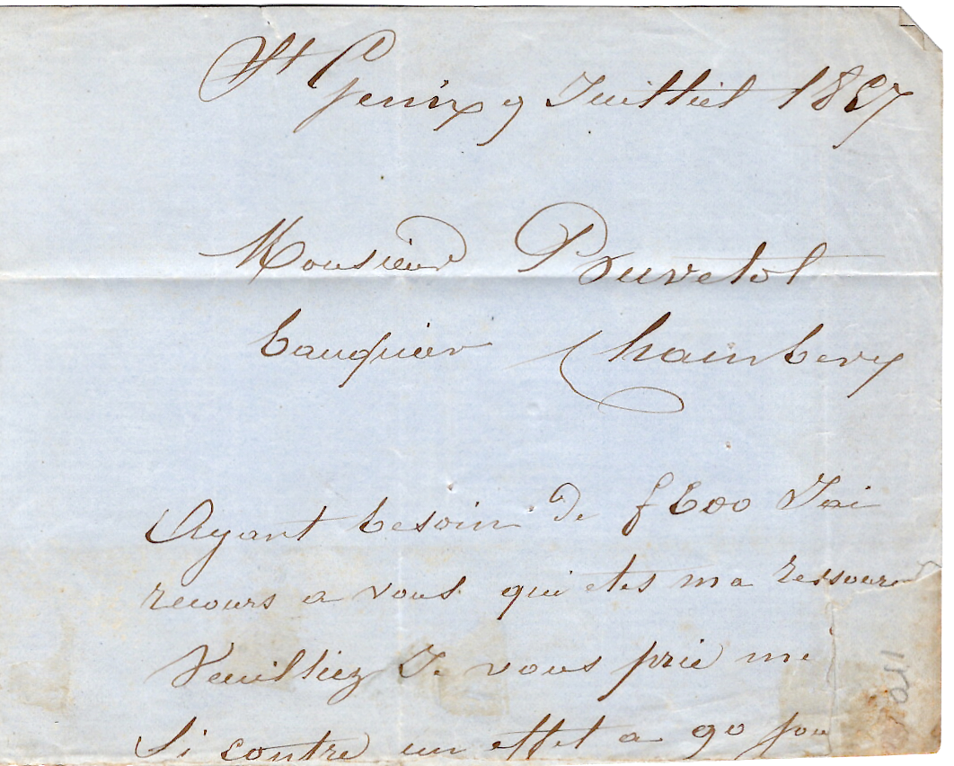 1 SARDE 20C BLEU LAITEUX MOITIE DE LETTRE ST GENIS 1857 SIGNE CALVES