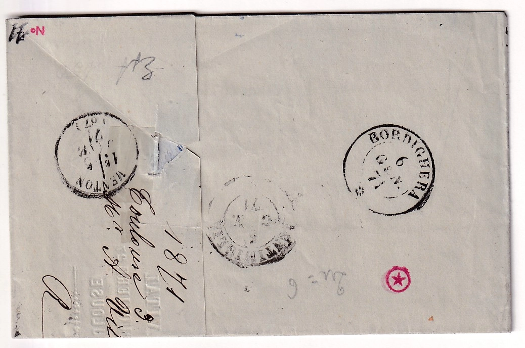 1 N°45C PAIRE TB AMBULANT BORDEAUX A CETTE POUR BORDIGHERA ITALIE ITALIA TEXTE DE TOULOUSE VIA MENTON ALPES MARITIMES