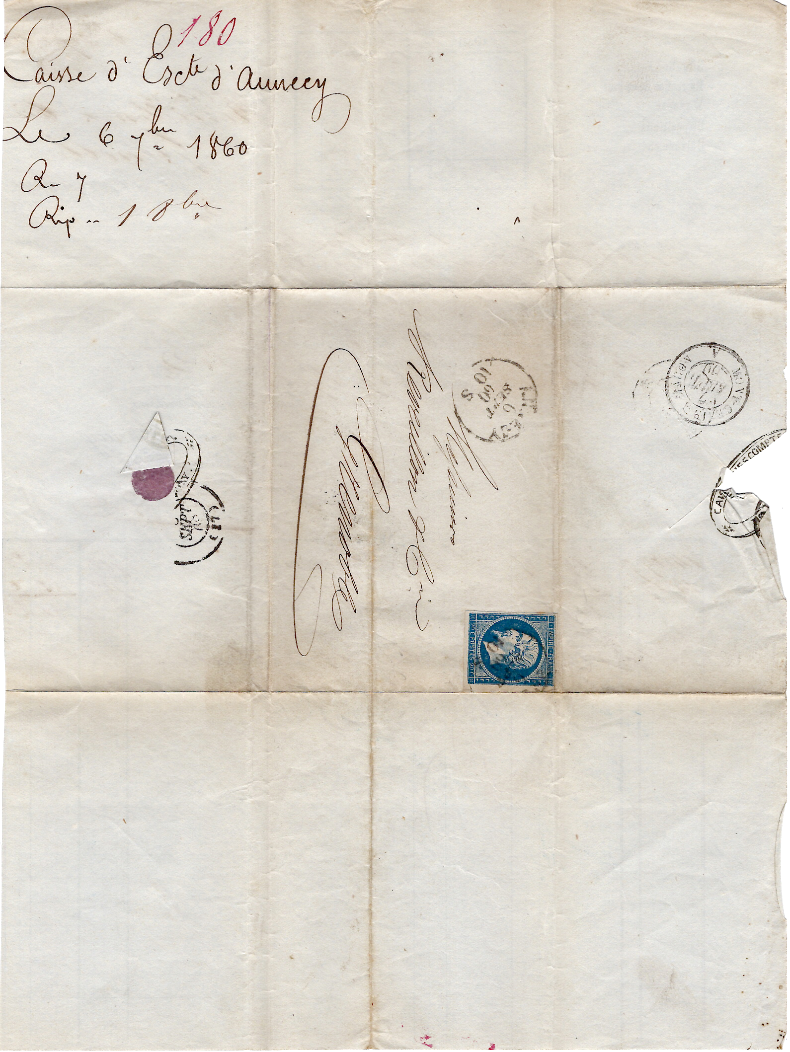3 N° 14 CACHET SARDE ANNECY 6 SEPT 1860 LETTRE POUR GRENOBLE