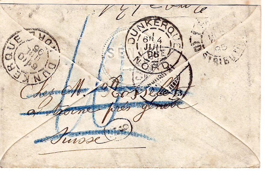 1 SAGE 15C LETTRE PARIS 74 1895 POUR DUKERQUE REEX PARIS TAXE 10C PUIS SUISSE TAXE 10C ANNULE