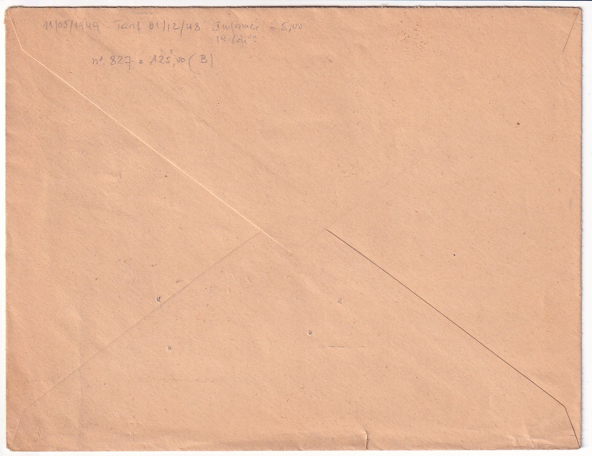 1 N°827 SEUL SUR IMPRIME POUR LIEGE BELGIQUE 11.5.1949 VIGNETTE EXPO TOULOUSE ANNULEE ROULETTE BELGE