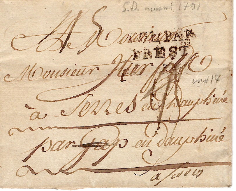 1 HAUTES ALPES DEBOURSE DE GAP MANUSCRITE LETTRE SANS DATE + COL PAR BREST