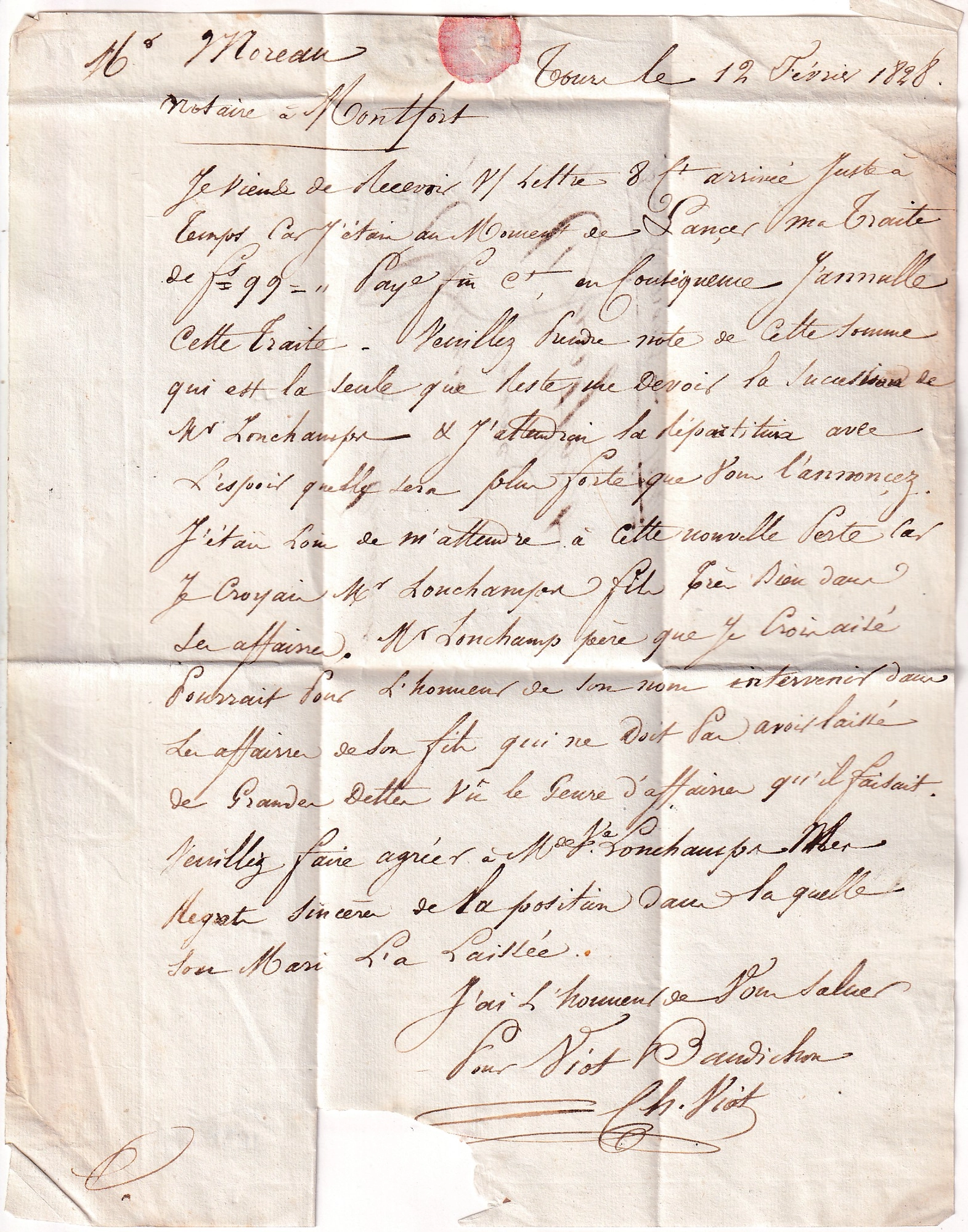 2 MARQUE ESSAI FEVRIER 1828 TOURS INDRE ET LOIRE POUR MONTFORT SARTHE INDICE 23
