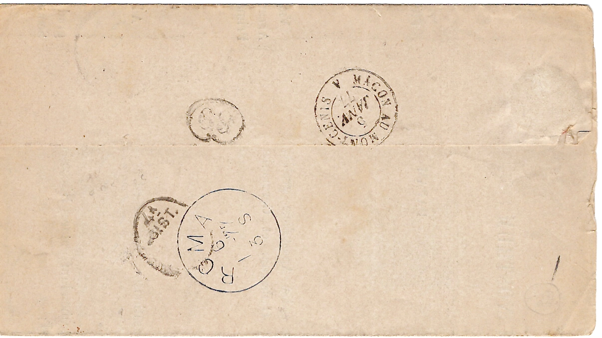 1 N°53+60 LETTRE TYPE 18 SENS S YONNE 4 JANV 1877 POUR ROME ITALIE