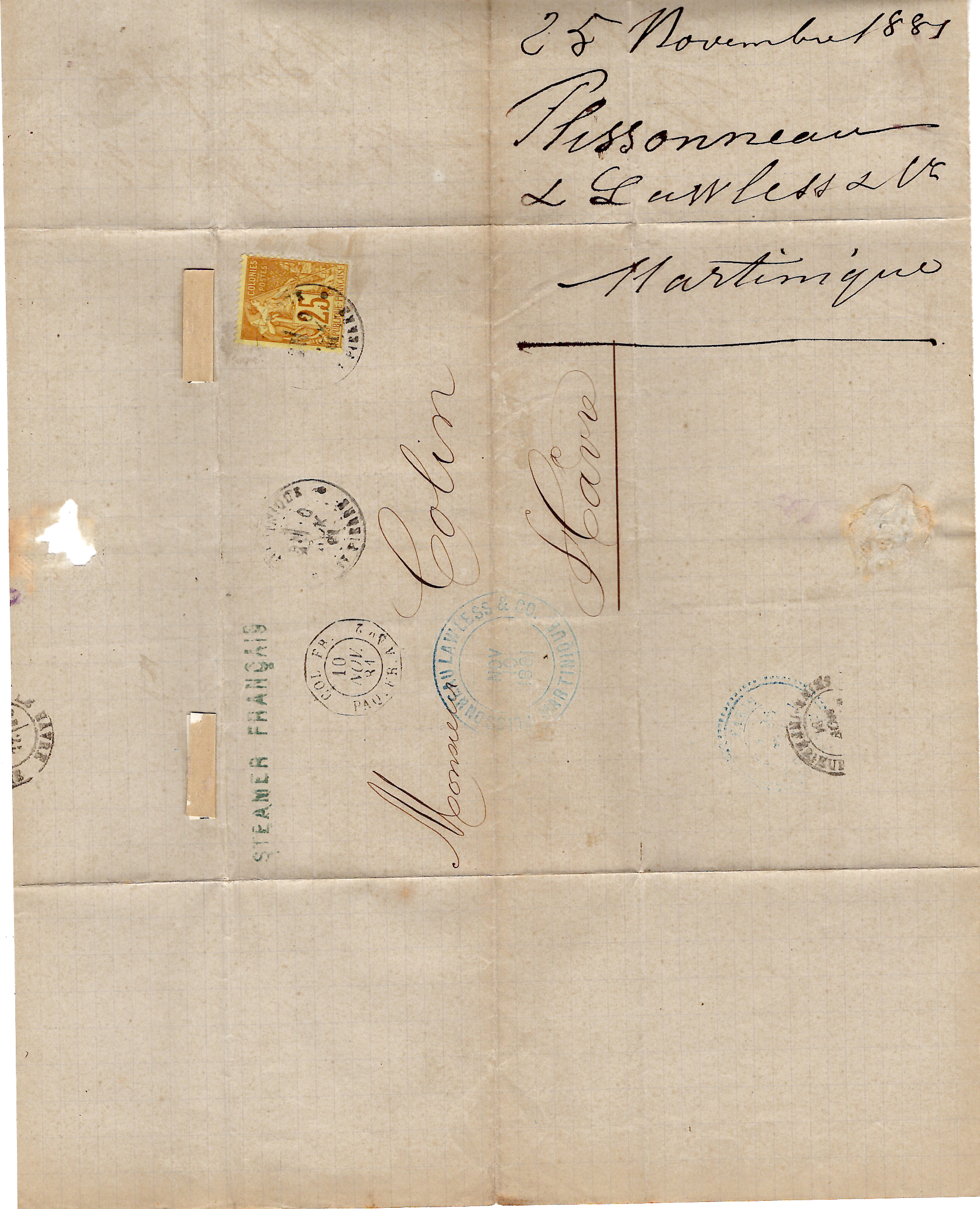 2 ALPHEE DUBOIS 25C BISTRE SEUL LETTRE MARTINIQUE ST PIERRE 6 NOV 1881 + COL FR