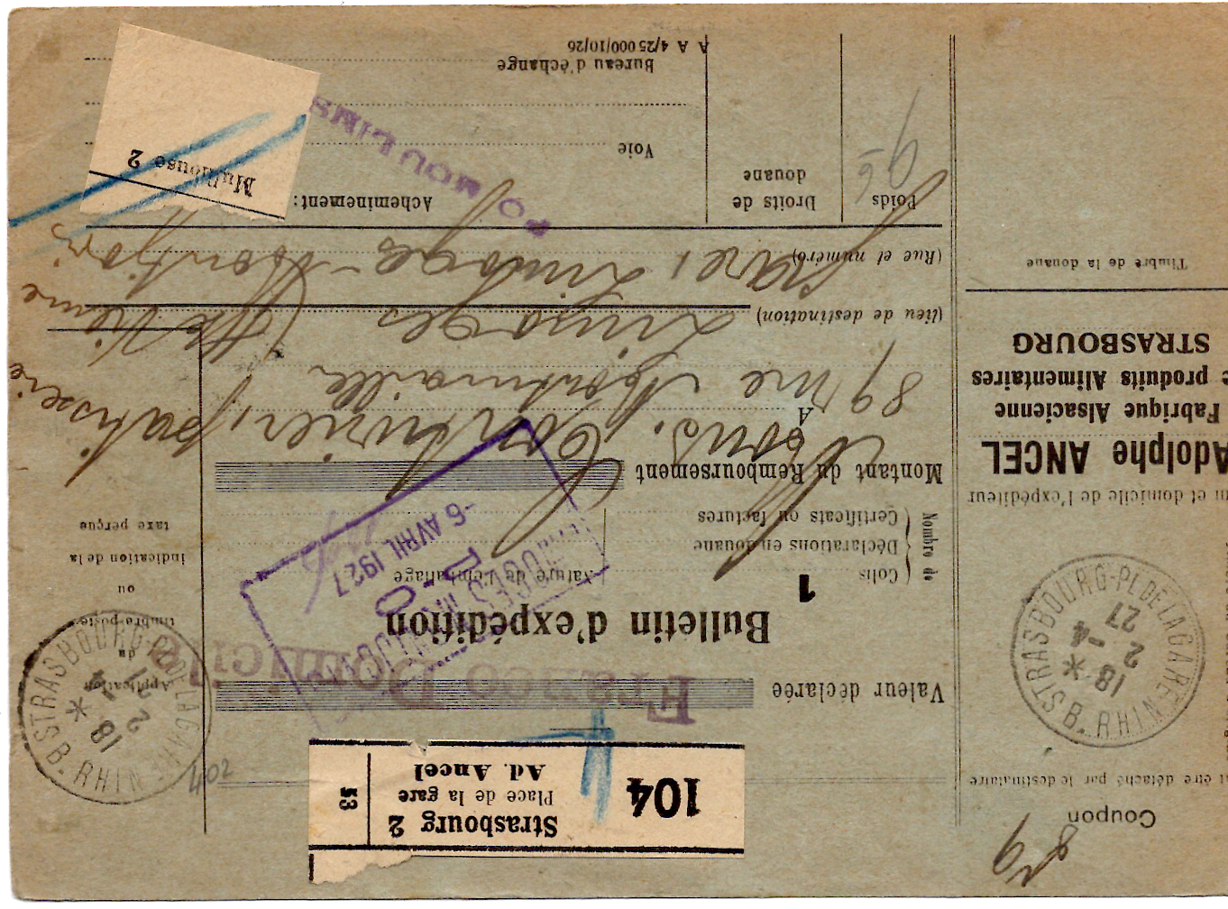 1 N°192 ROULETTE+171 ROULETTE PERFORE A + MERSON 5FR+3FR BULLETIN EXP ADOLPHE ANCEL STRASBOURG 1927