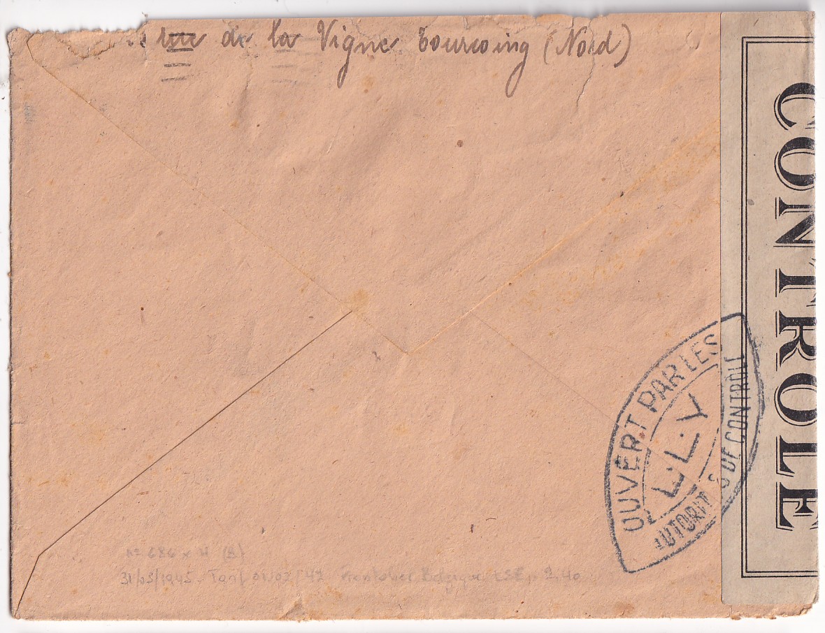 1 DULAC N°686 BANDE DE 4 TOURCOING NORD 1945 POUR TOURNAI BELGIQUE TARIF FRONTALIER RARE