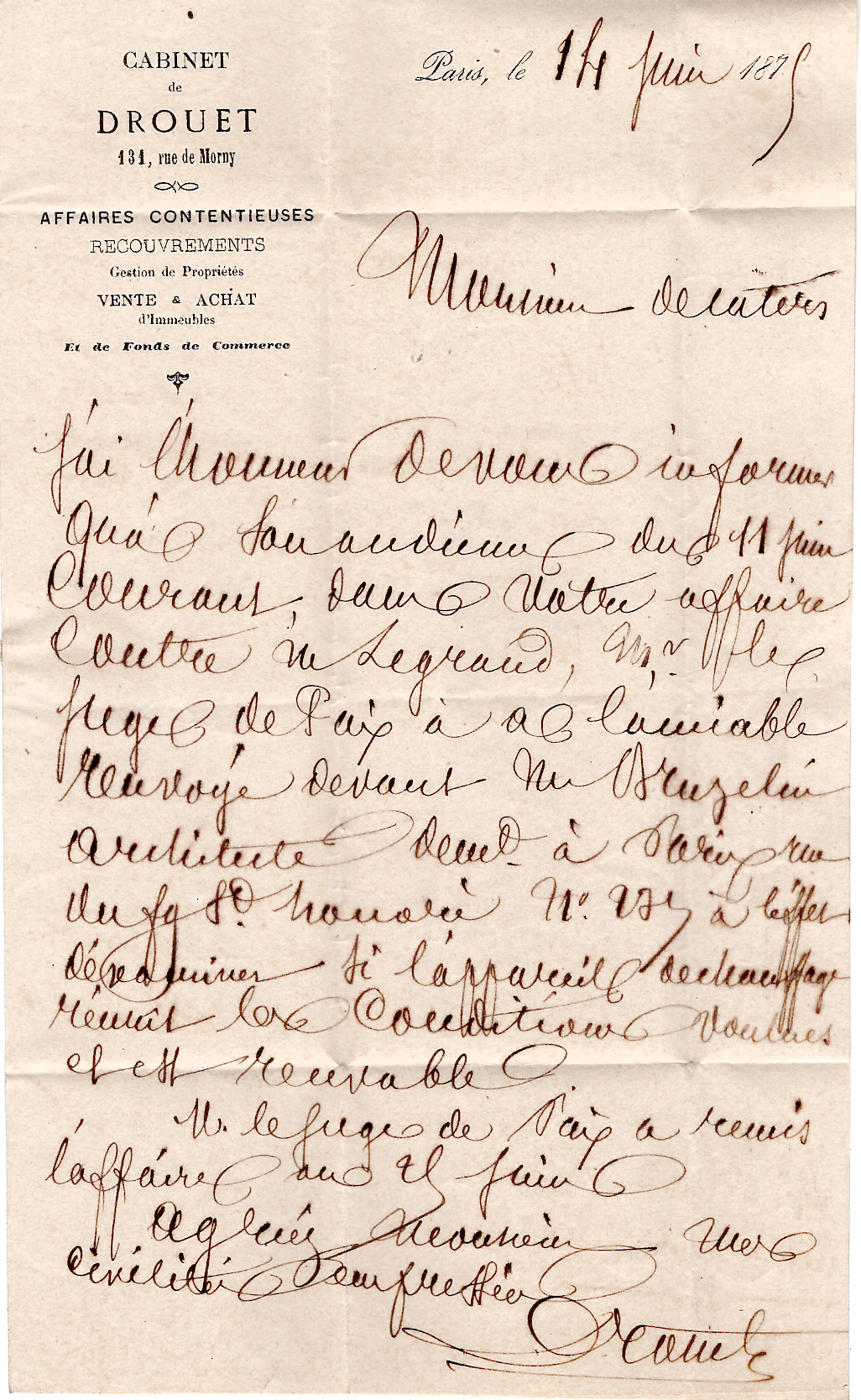 2 CERES 15C ETOILE 6 PARIS R. MONTAIGNE 14 JUIN 1875 LETTRE COTE 190€