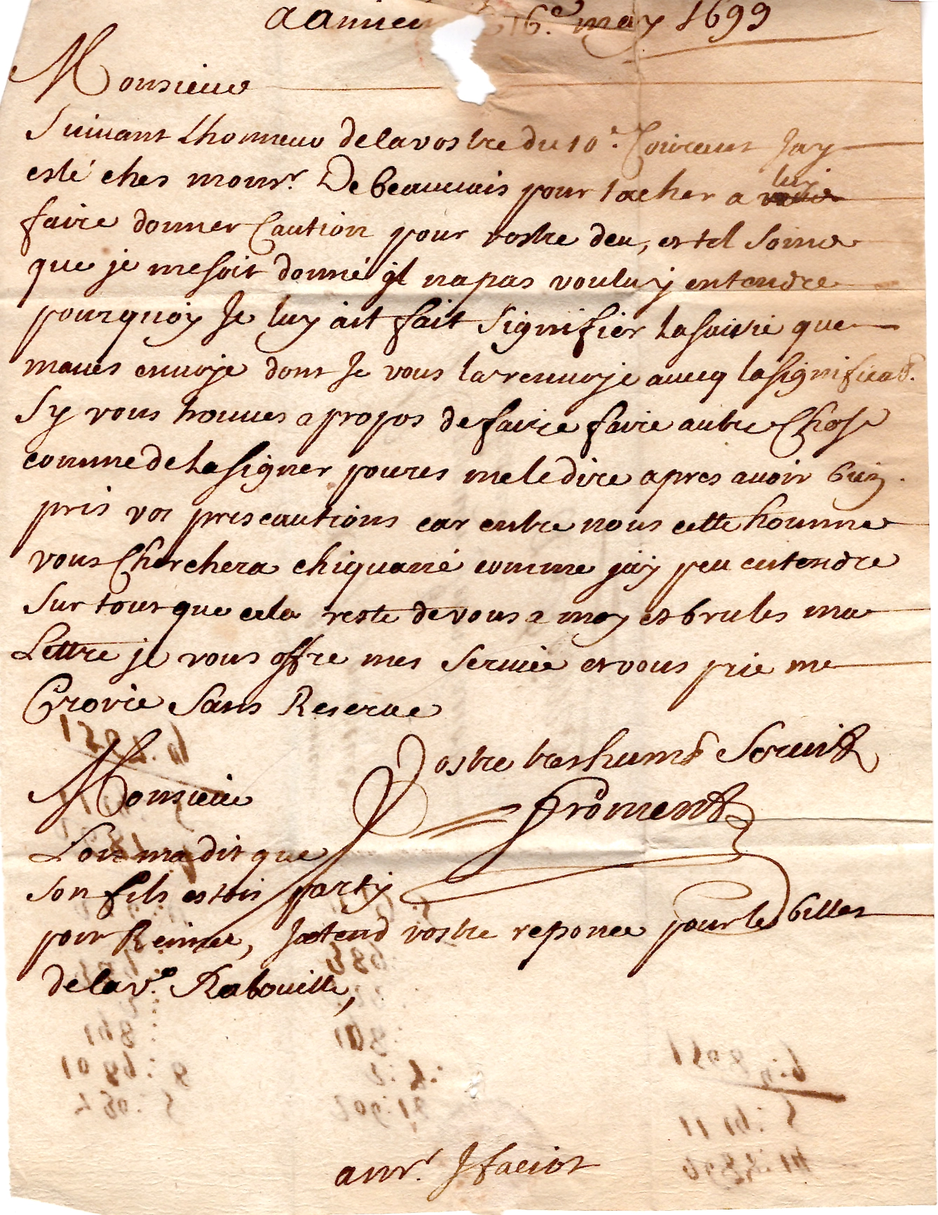 2 SOMME D'AMIENS MANUSCRIT 1699 LETTRE POUR REIMS COTE 700€