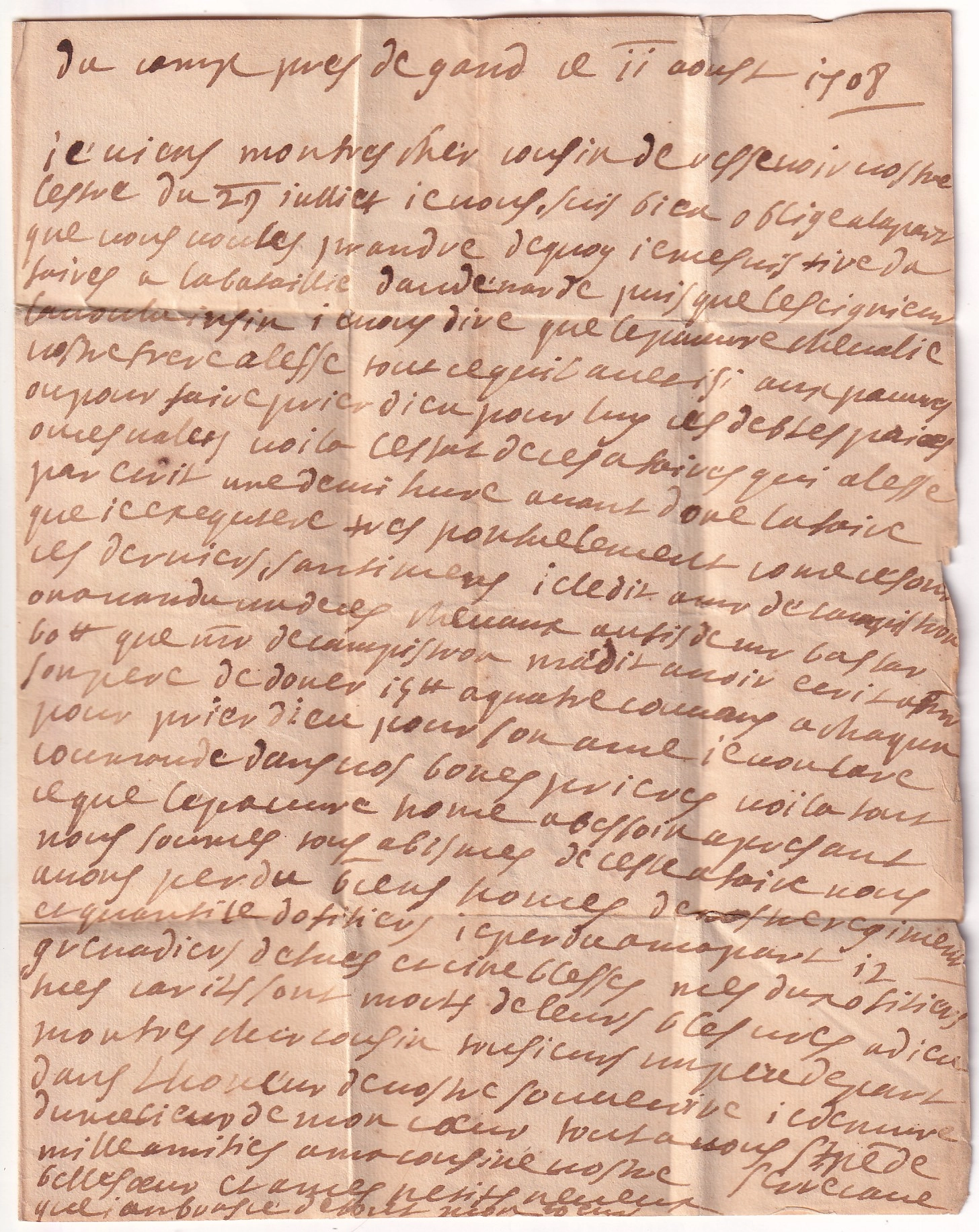 2 ARMEE DES FLANDRES TEXTE DU CAMP DE GAND BELGIQUE 1708 POUR TOULOUSE