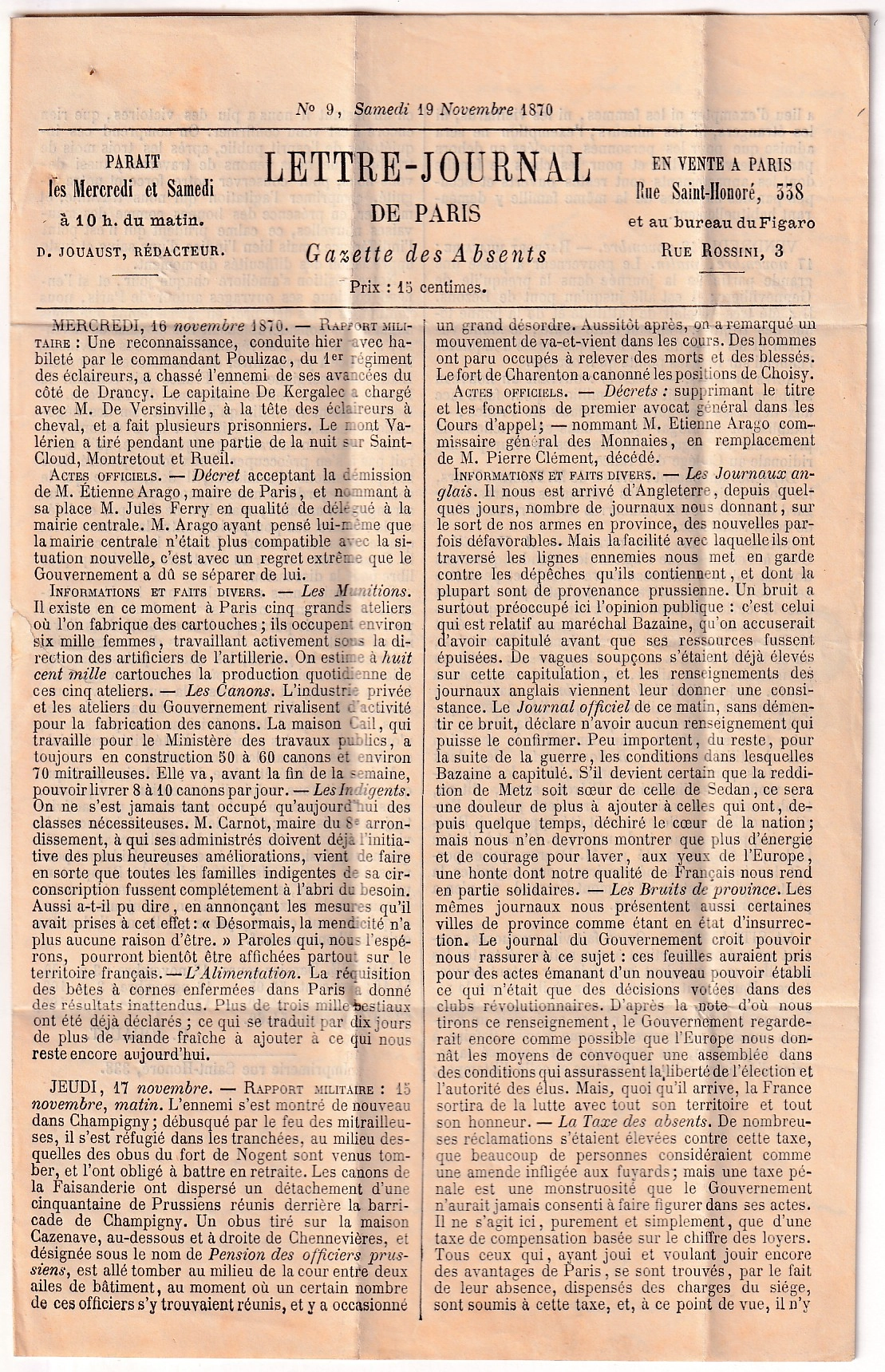 2 BALLON MONTE ARCHIMEDE PARIS 20.11.1870 POUR ALENCON ORNE REEXP CHARLIEU LOIRE GAZETTE DES ABSENTS N°9 ARRIVE ALENCON 26.11.1870