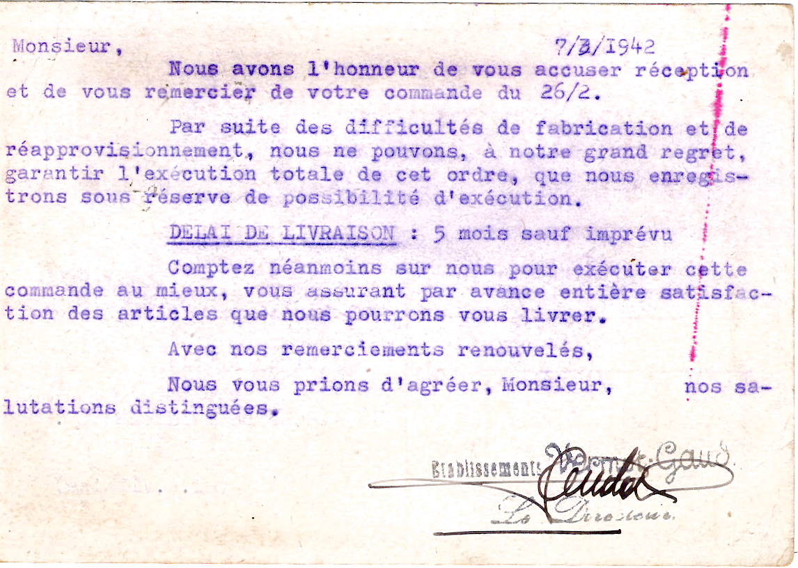 1 ENTIER 80C PETAIN CP + 40C MERCURE PERFORE EVC ETS VERMOT GAUD MONTBELON MORTEAU DOUBS 1942 RARE