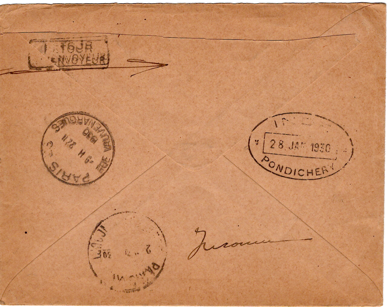 1 N°245 BLOC DE 4+ AMORTISSEMENT 40CX5 LETTRE AVION REC 1930 PONDICHERY INDIA 1ERE LIAISON