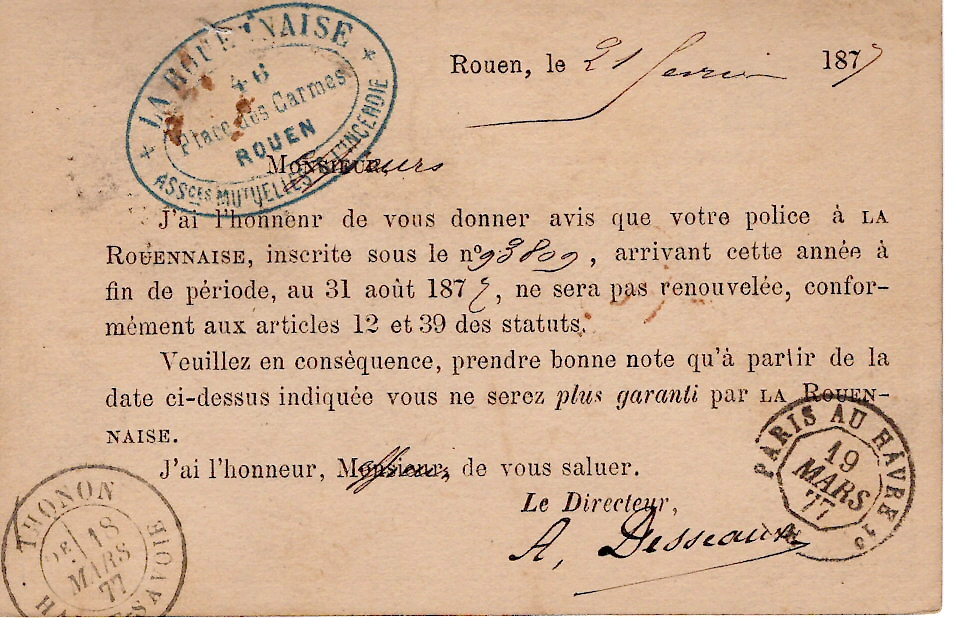 1 SAGE 15C+25C CARTE PRECURSEUR REC ROUEN 1877 ALLINGES PRES EVIAN HAUTE SAVOIE RETOUR 3949