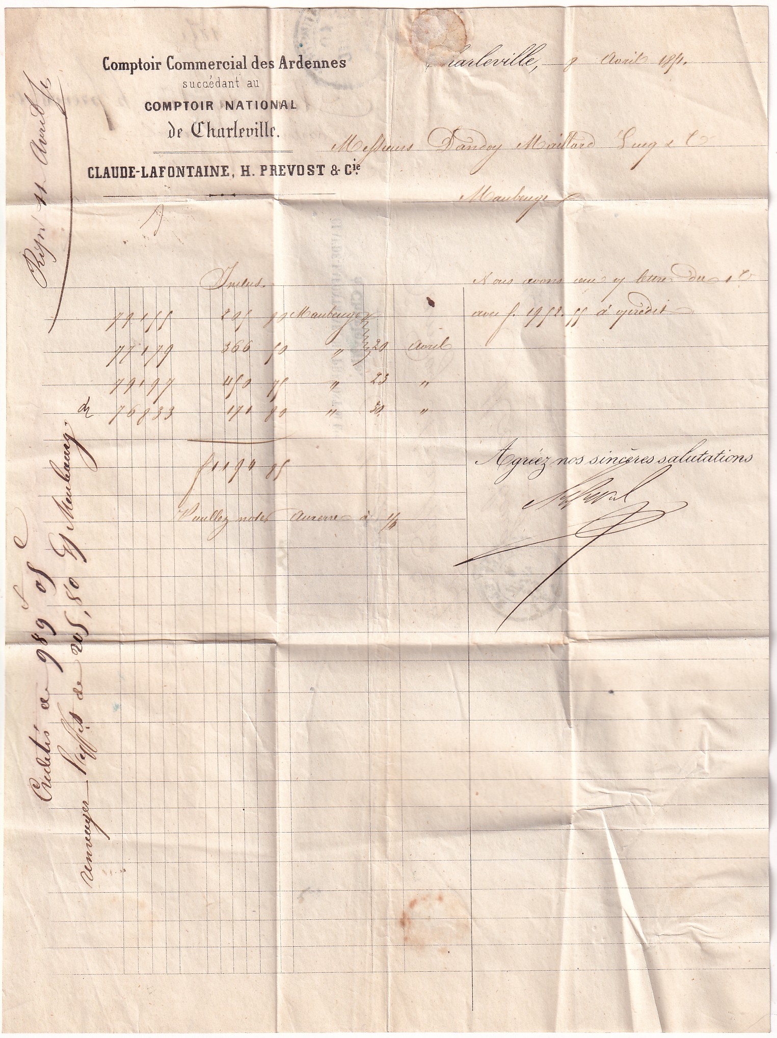 2 N°4 TTB /SUP 3 VOISINS GRILLE CHARLEVILLE ARDENNES BANQUE LAFONTAINE POUR MAUBEUGE NORD 1851