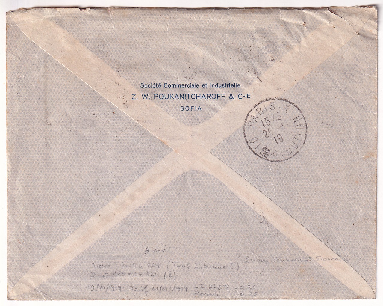 1 N°130 PAIRE + 138 PAIRE RECOMMANDE TRESOR ET POSTE 524 DE SOFIA BULGARIE POUR PARIS 1919