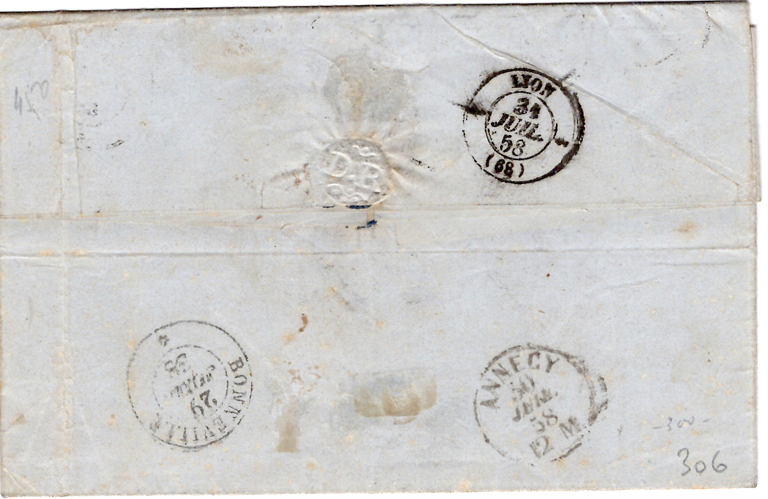 1 SARDE 40C+10C  CLUSES 29 JUIL 1858 LETTRE POUR LYON