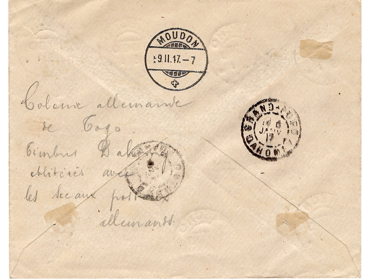 1 AOF DAHOMEY LETTRE COVER REC CACHET ALLEMAND ANECHO 5.1.1917 POUR MOUDON SUISSE