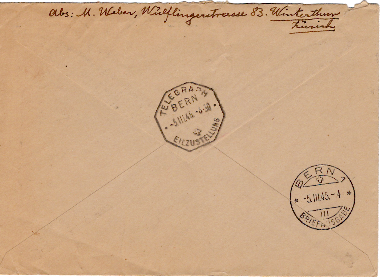 1 SUISSE HELVETIA BLOC 3FR+ LETTRE EXPRES REC ZURICH 1945 POUR BERN