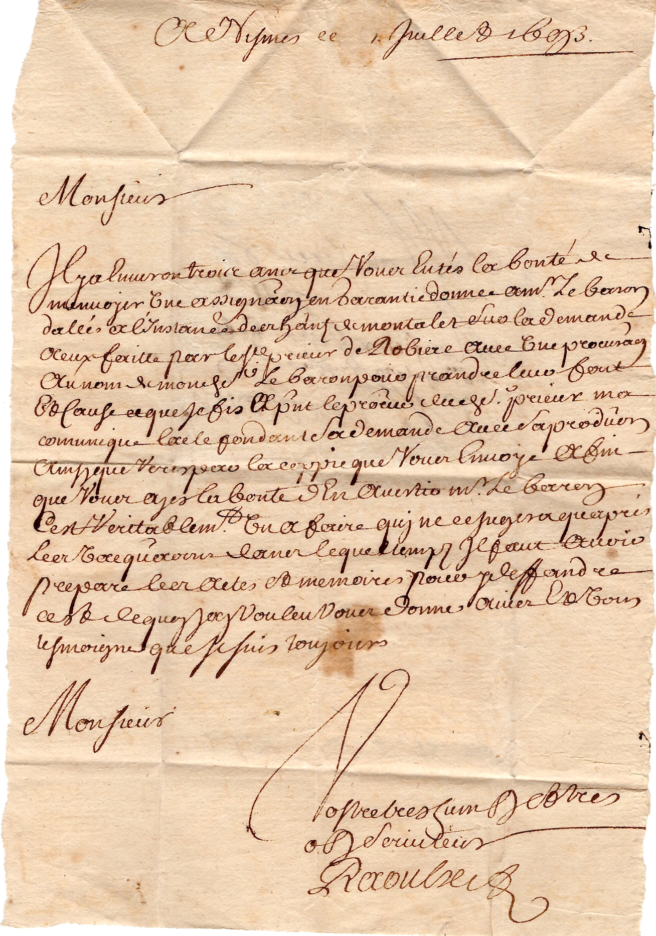 2 GARD LETTRE NIMES 1693 POUR ST AMBROIX