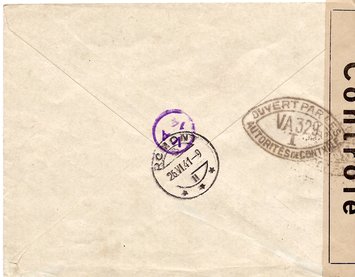 1 TUNIS SECOURS NATIONAL LETTRE REC AVION TUNIS RP 1941 POUR SUISSE CENSURE OUVERT N° VA.329. I