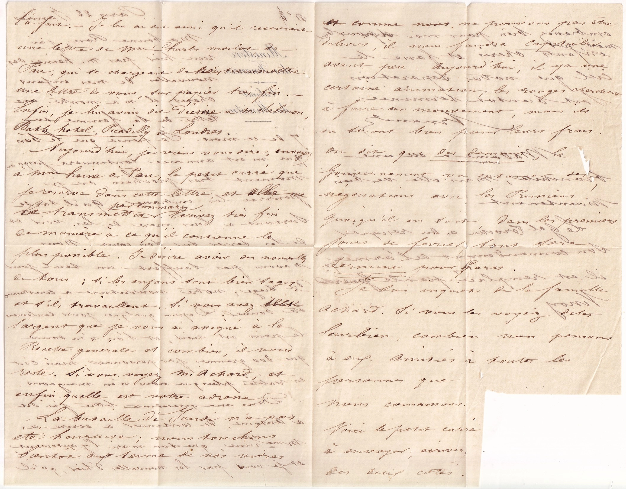 3 BALLON MONTE PARIS SC ROUGE DU 22 JANVIER 1871 ARRIVE BORDEAUX LE 30 JANVIER TORRICELLI CERTAIN AVEC TEXTE DU MINISTERE DES FINANCES
