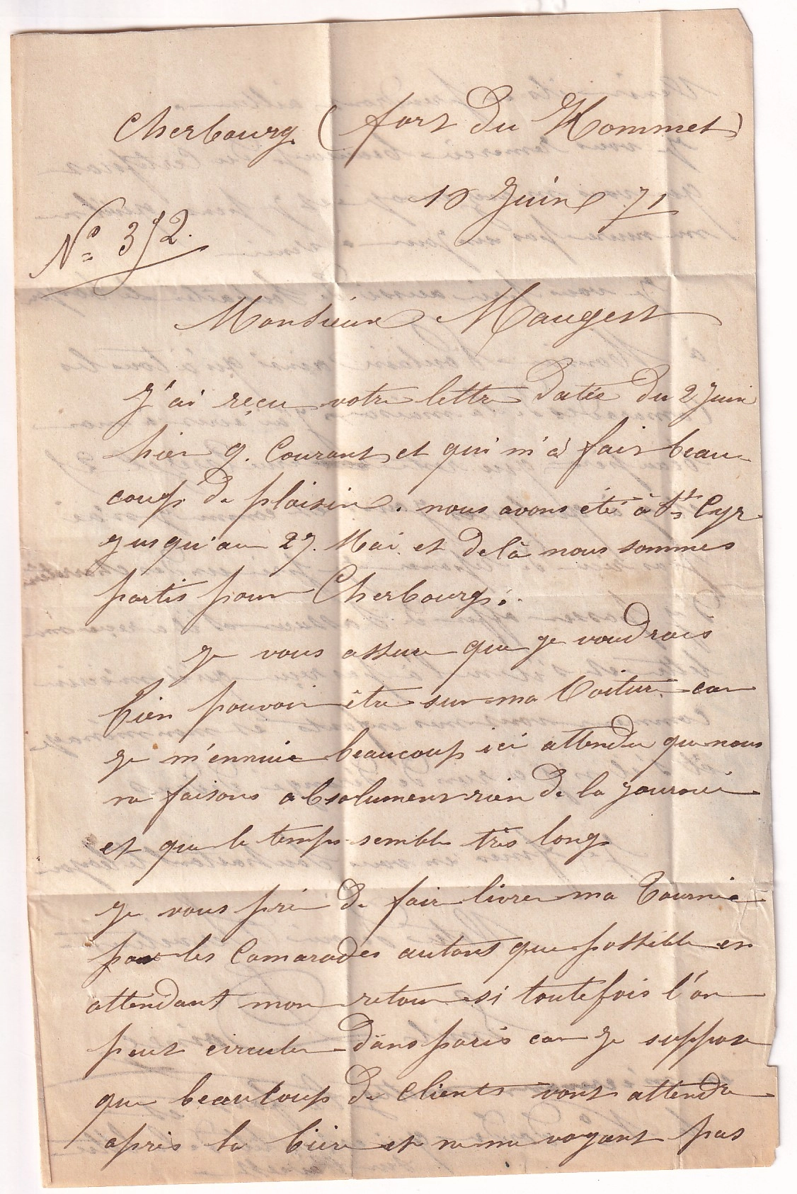 2 LETTRE D'UN DETENU AU FORT DU HOMMET CHERBOURG MANCHE 13 JUIN 1871 POUR PARIS COMMUNE DE PARIS