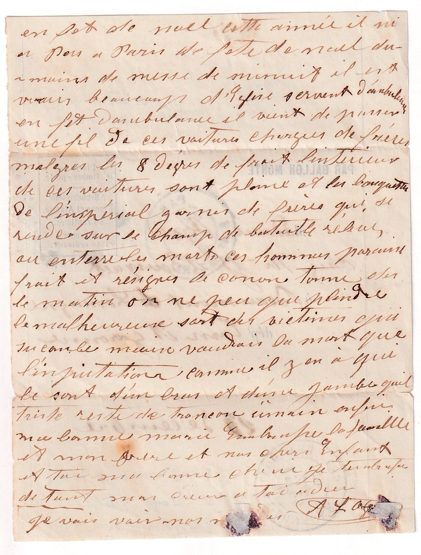 2 BALLON MONTE LE TOURVILLE PARIS 23 DEC 1870 ARRIVE 29 DEC BEAUMONT DE LOMAGNE TARN ET GARONNE