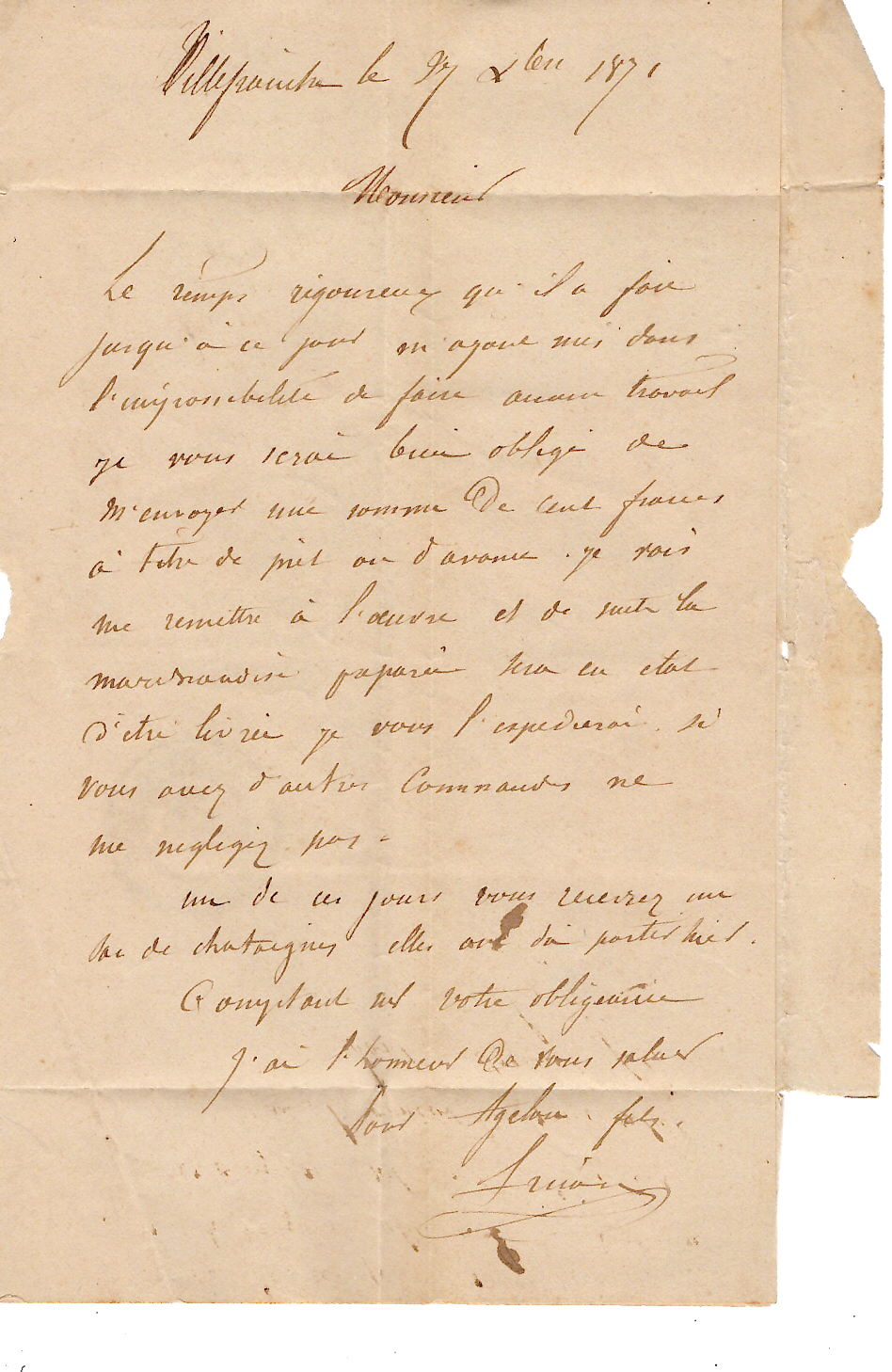 1 N° 60 VARIETE GRANDE CASSURE N°146A LETTRE AMBULANT PERIGUEUX A TOULOUSE 1871  RARE