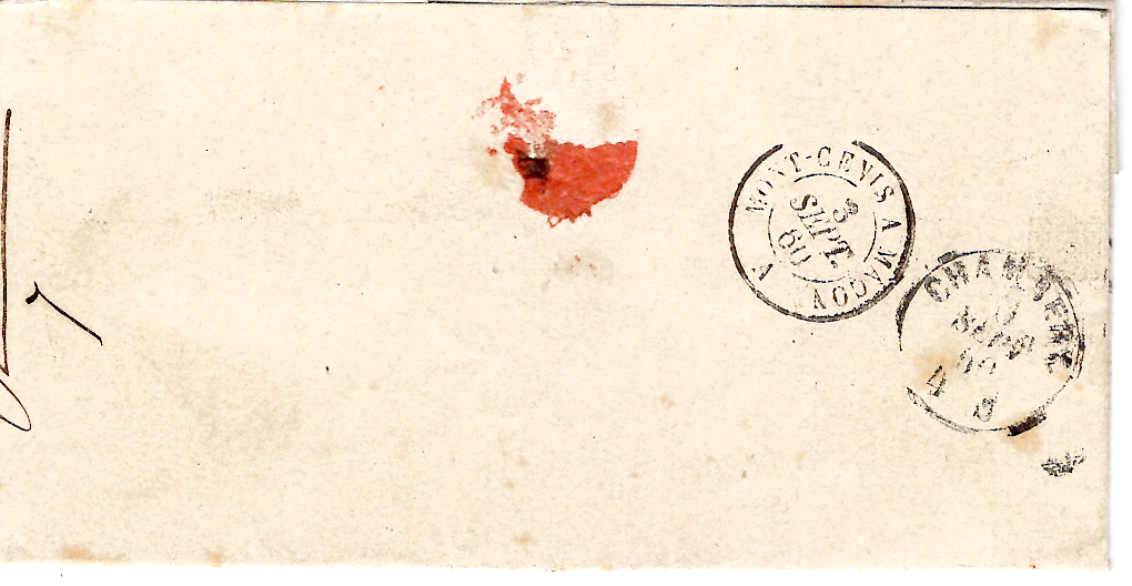 1 FRANCE N° 14 CACHET SARDE MOUTIERS 2 SET 1860 LETTRE POUR CHAMBERY SAVOIE  SIGNE JF BRUN