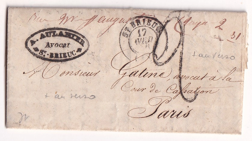 1 GRIFFE ADRESSE INCOMPLET DE PARIS 1850 DEPART ST BRIEUC COTES DU NORD