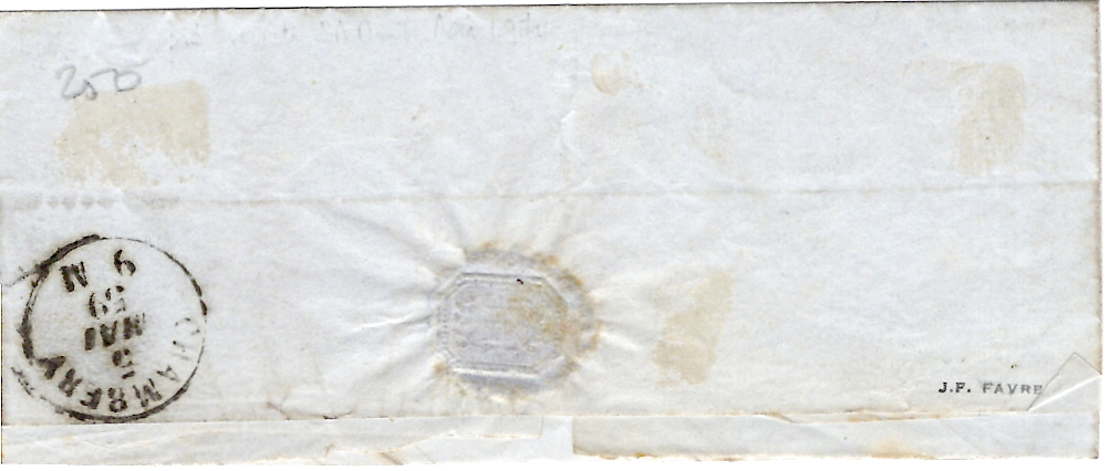1 SARDE 20C EFFLEURE A GAUCHE LETTRE CACHET BLEU LA ROCHE 4 MAI 1859