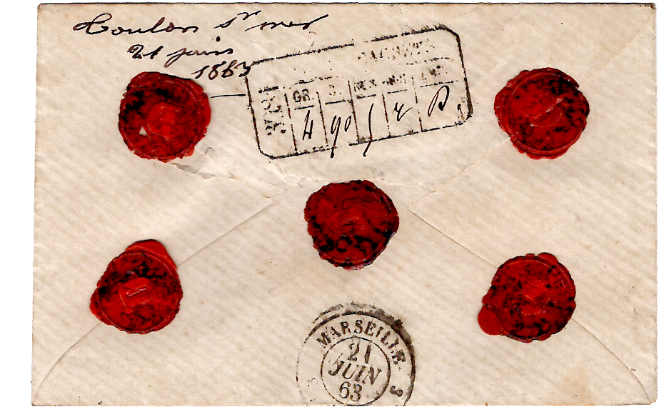 1 N° 23 PETITE LETTRE CHARGE GC 3981 TYPE 15 TOULON S MER VAR 21 JUIN 1863 POUR MARSEILLE