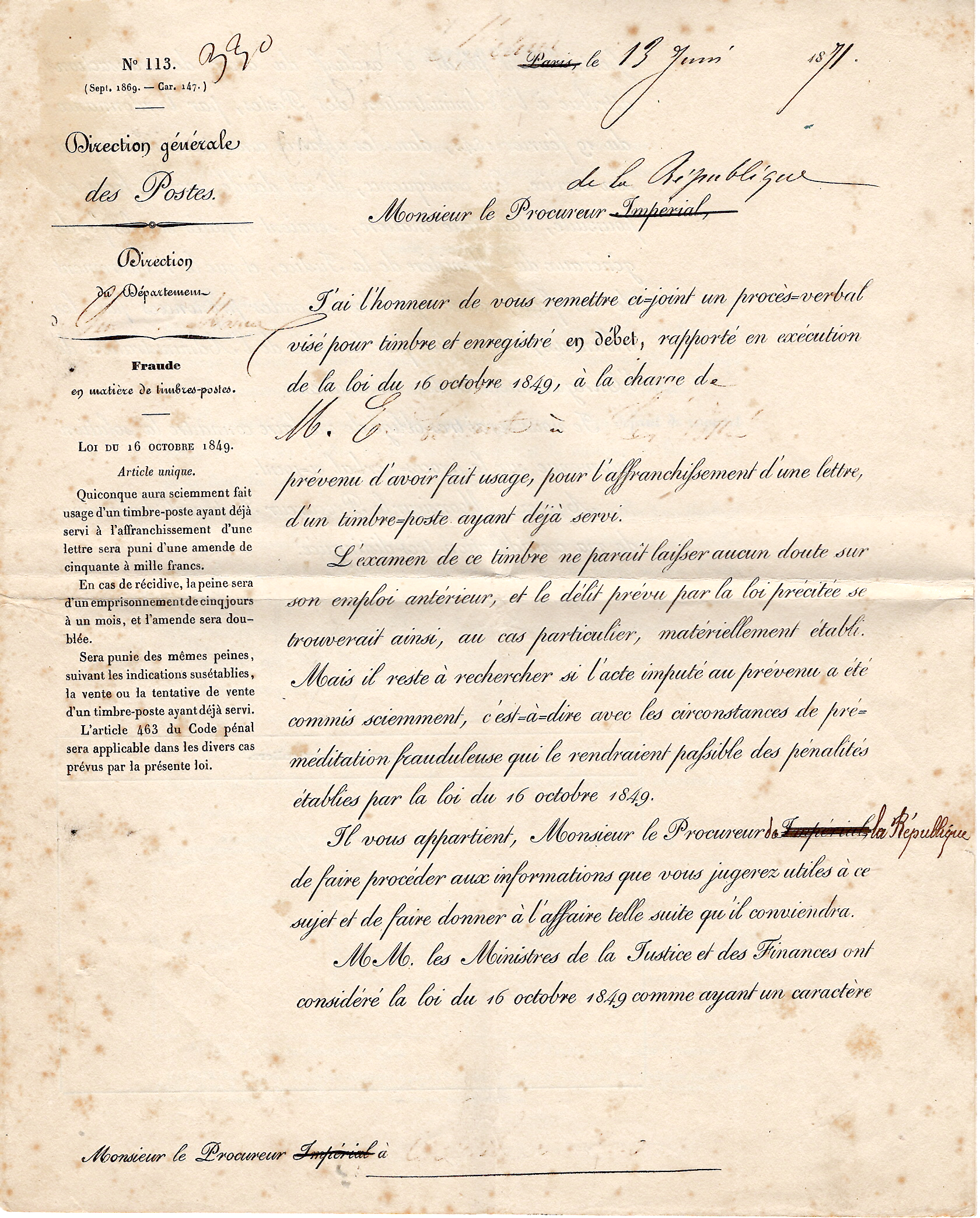 4 N°14 PC SEINE ET OISE TAXE TIMBRE AYANT SERVI 28 MAI 1871 + DON POSTES HERAULT