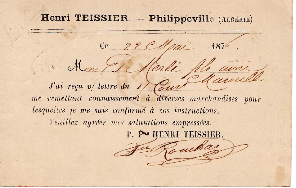 1 CERES 15C CARTE PRECURSEUR N° 1 HENRI TEISSIER PHILIPPEVILLE ALGERIE 22 MAI 1876