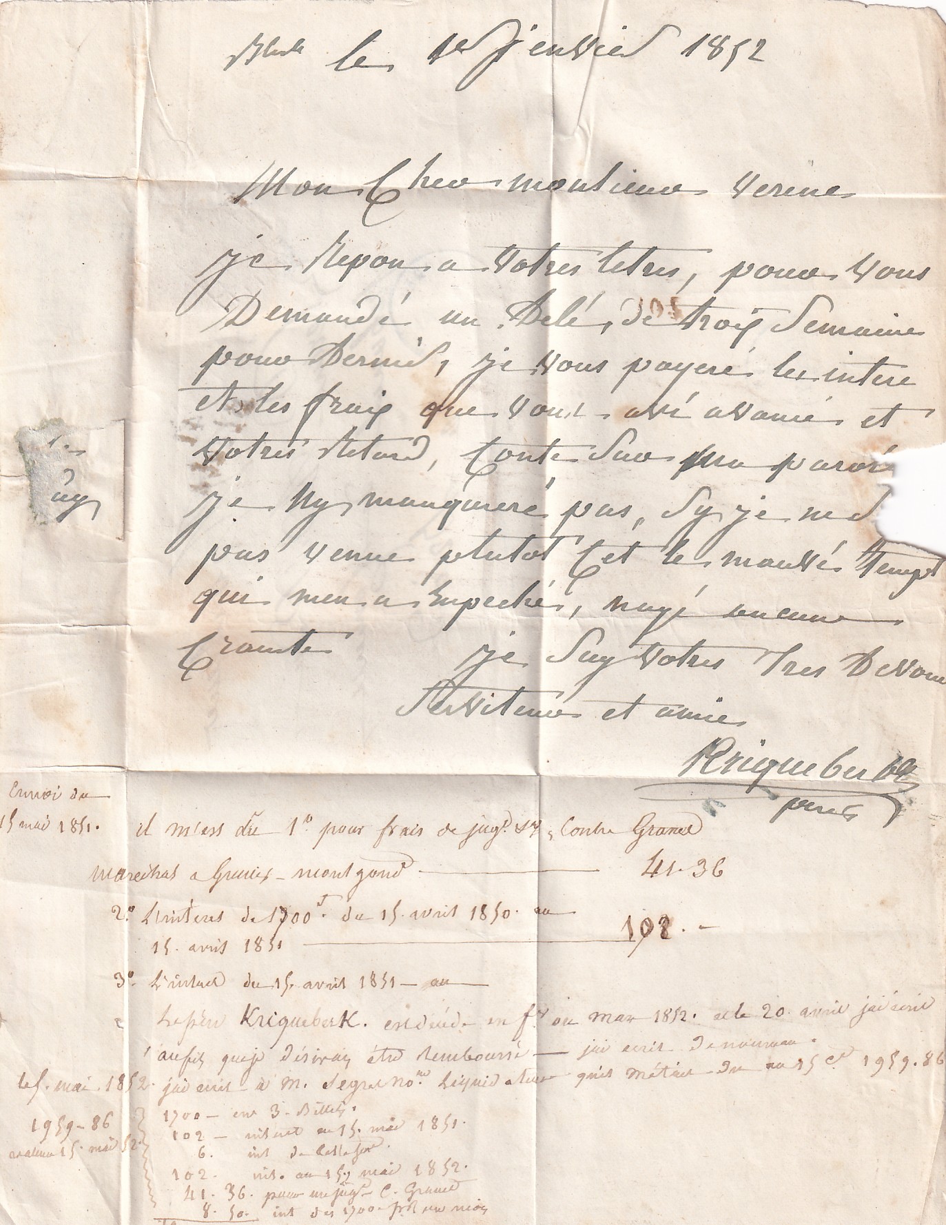 2 N°4 CURSIVE 41 BLESLE HAUTE LOIRE CAD LEMPDES 1ER JANVIER 1852 POUR BRIOUDE