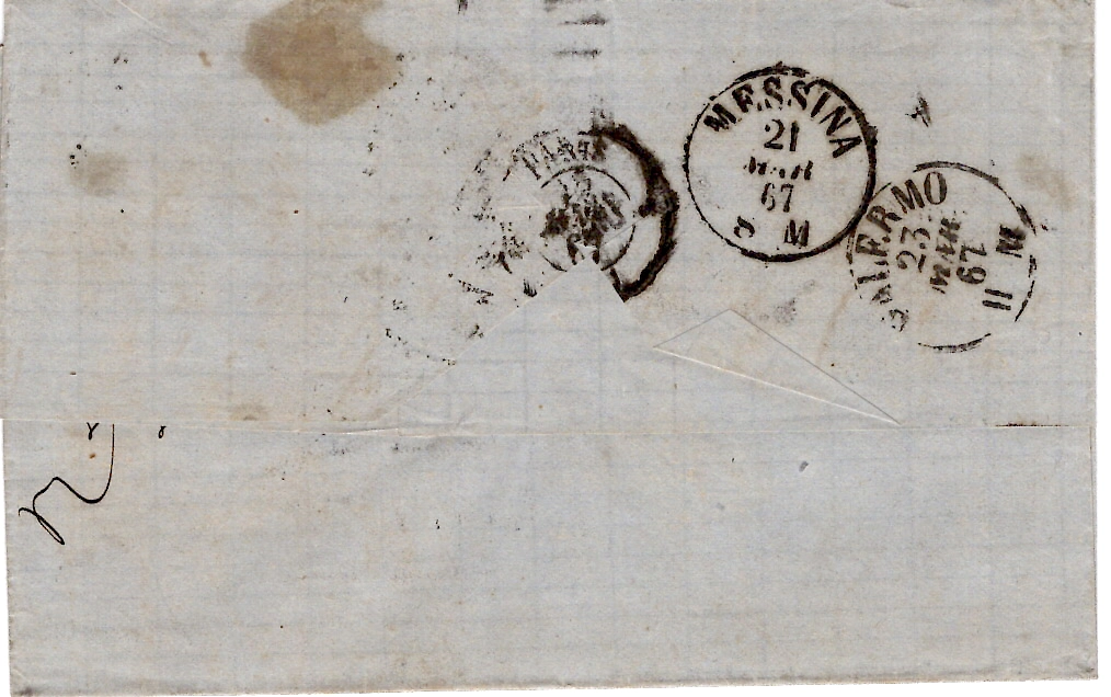 1 N° 22X2 GC 3219 ROUEN 1867 LETTRE POUR PALERME + PIROSCAFI POSTALI FRANCESI