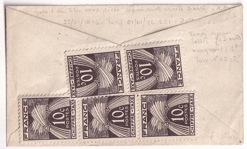 1 N°713 GANDON MIGNONETTE TAXEE CHIFFRE TAXE TYPE GERBE 1FR50 + 10C X5 AU DOS LILLE 1945 POUR BEUVRAGE NORD