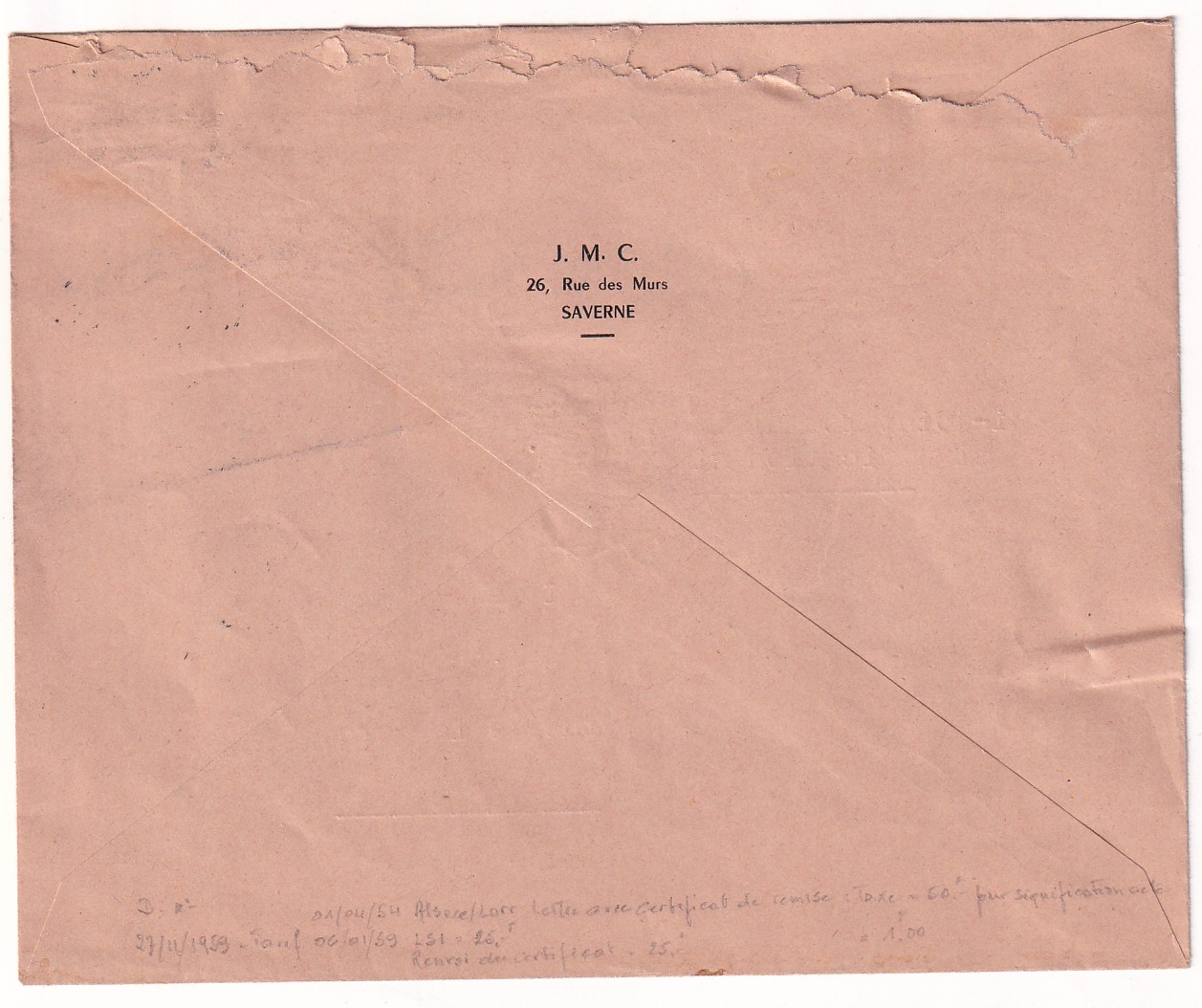 1 N°1194 LETTRE AVEC CERTIFICAT DE REMISE ALSACE LORRAINE SAVERNE BAS RHIN 1959 POUR SAVERNE
